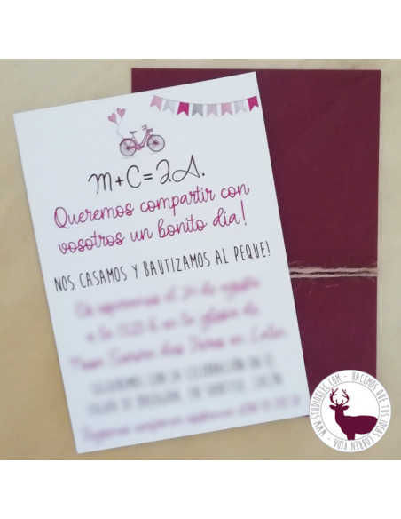 Invitación de boda y bautizo. Diseño romántico en tonos granate y rosa. Bicicleta vintage.
